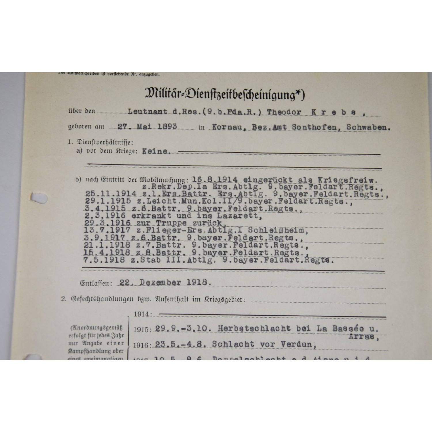 Nachlass des Veteran Theodor Krebs 1.WK mit Bayrischen Militärverdienstorden und später bei der Luftwaffe