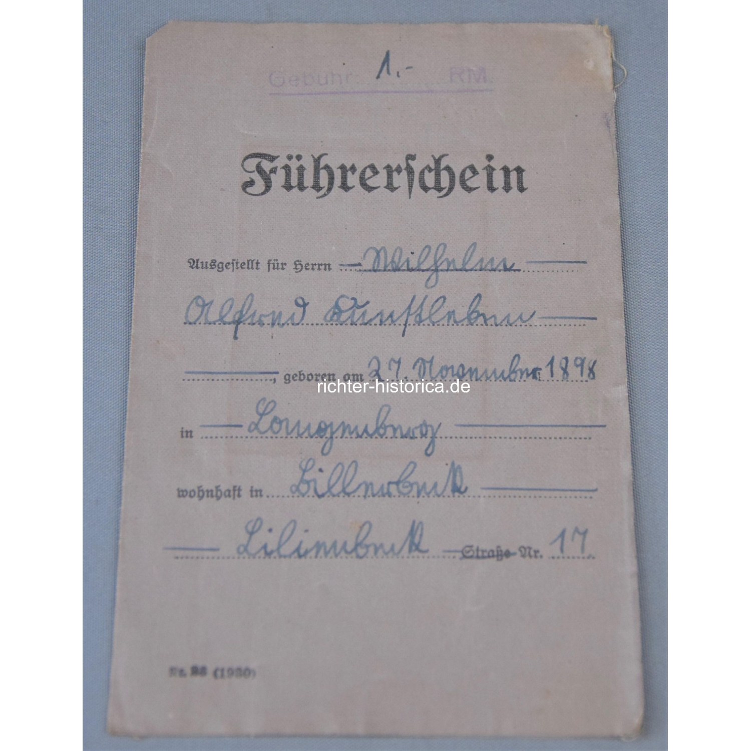 1.Weltkrieg Militärpass 2.Ersatz-Bataillion 2. Ober. I.Rgt. Nr.171