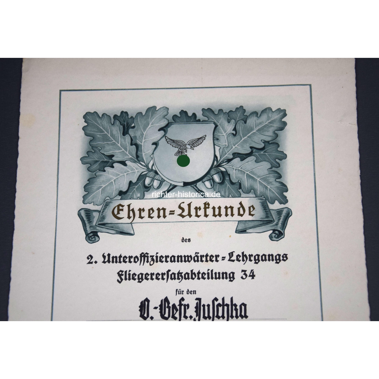 Ehrenurkunde 2. Unteroffiziersanwärter Lehrgang 25km Spähtrupp-Wettbewerb 1938