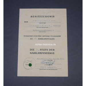 Besitzzeugnis zur Nahkampfspange 1.Stufe in Bronze 2./Grenadier-Regiment Nr.50