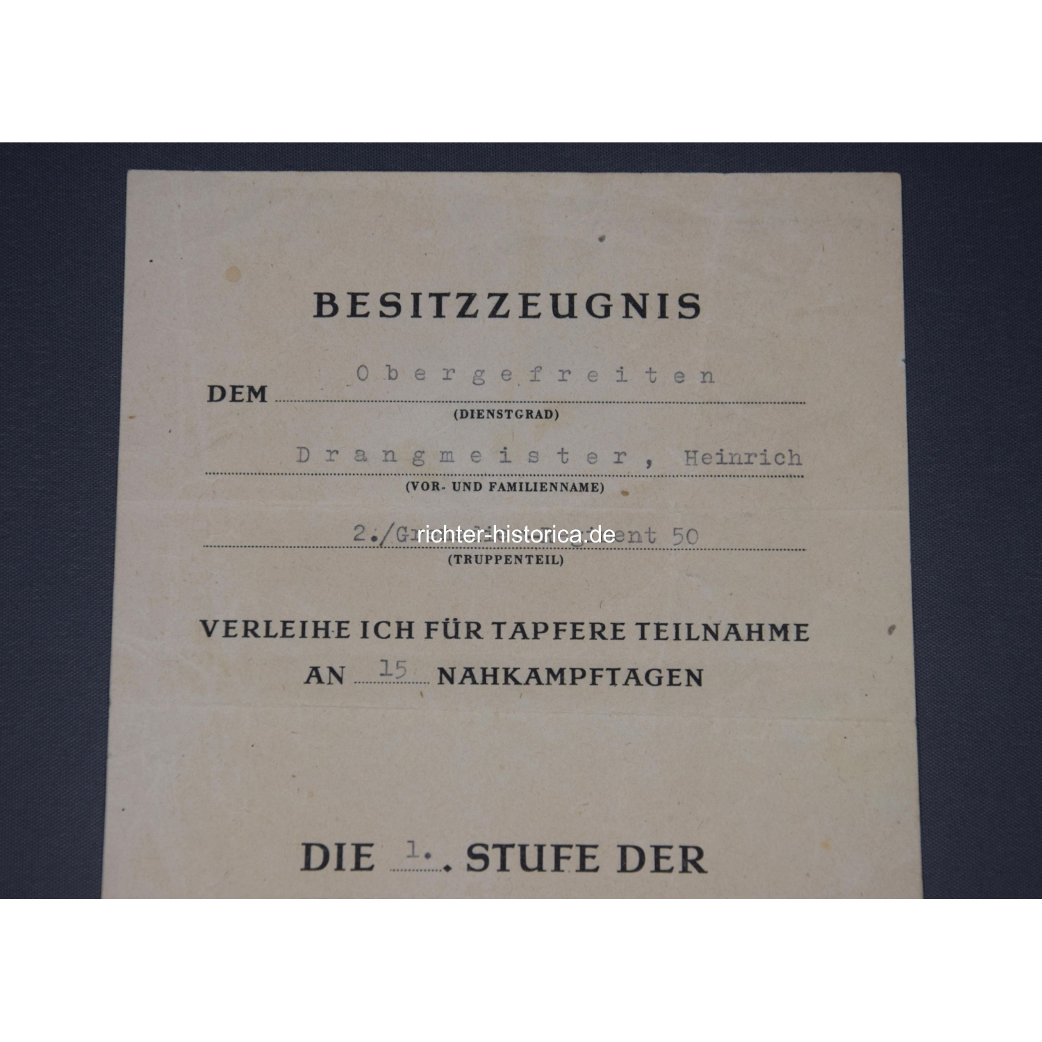 Besitzzeugnis zur Nahkampfspange 1.Stufe in Bronze 2./Grenadier-Regiment Nr.50