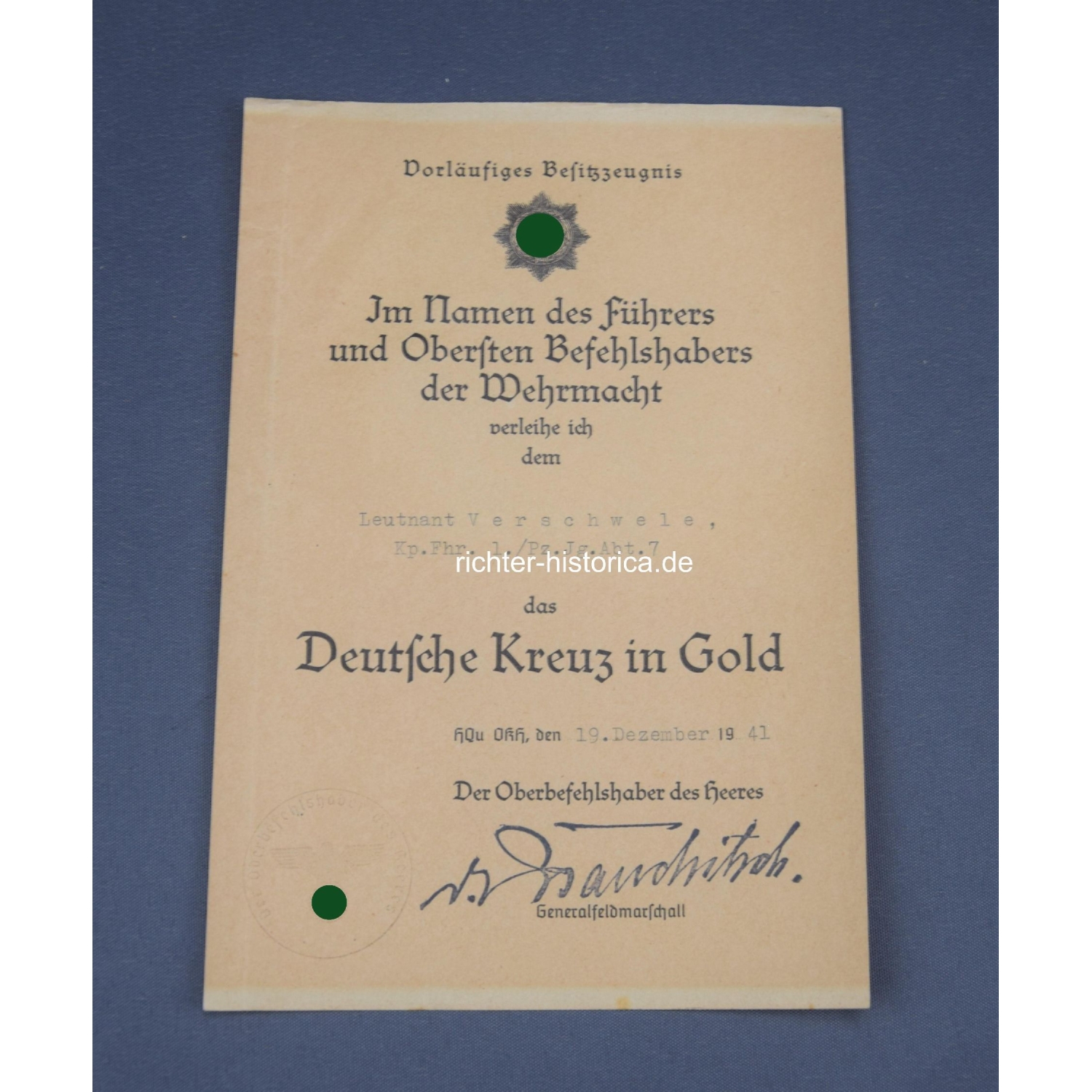 Nachlass Deutsches Kreuz in Gold Hauptmann Hans Verschwele Kp.Fhr.1./Pz.Jg.Abt.7