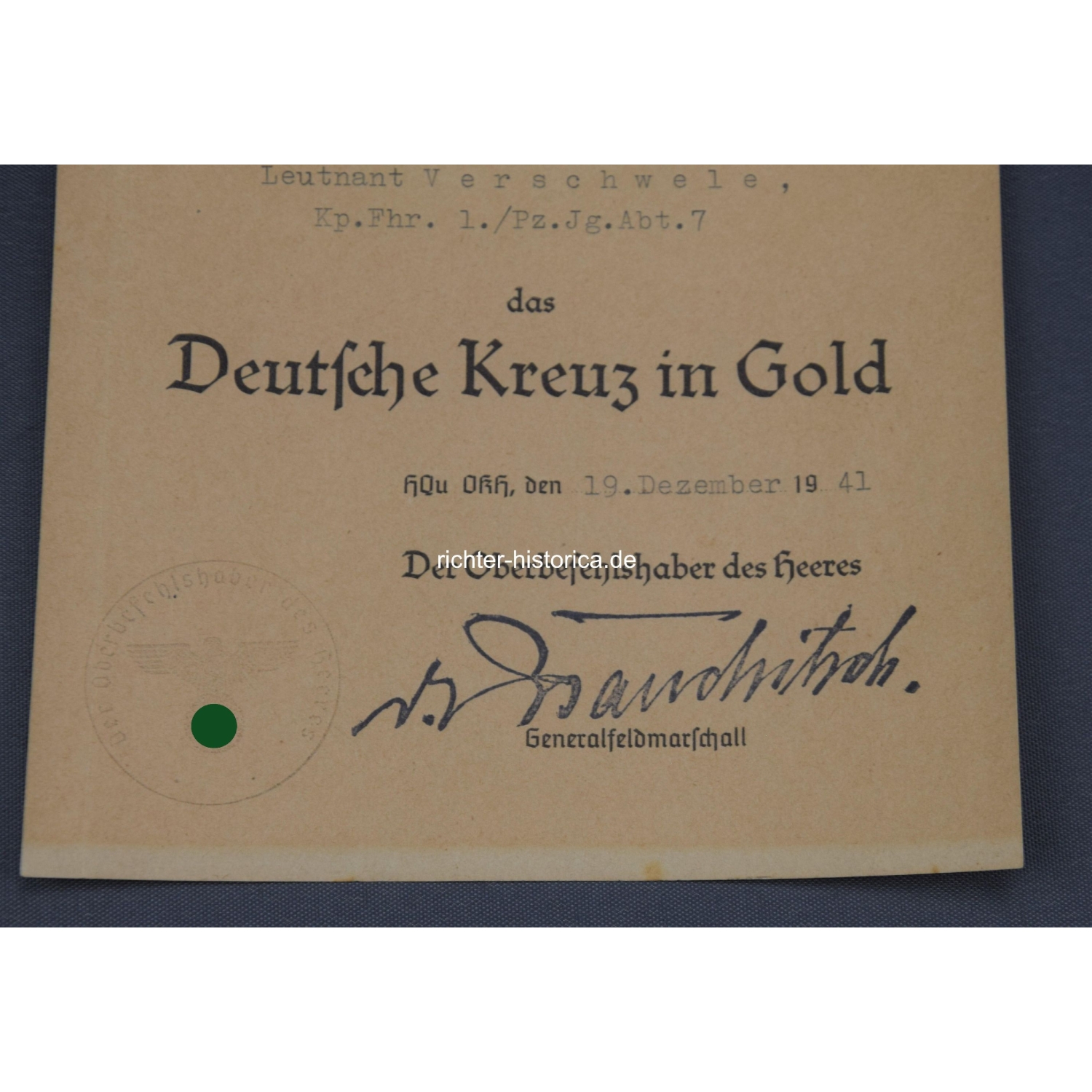 Nachlass Deutsches Kreuz in Gold Hauptmann Hans Verschwele Kp.Fhr.1./Pz.Jg.Abt.7