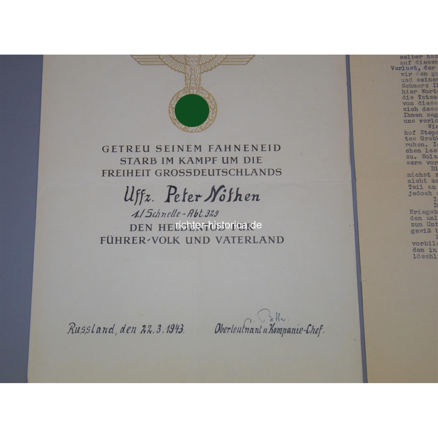 Heldentod Dokument "Kampf um die Freiheit Großdeutschlands" 1./Schnelle-Abt.329 Russland 1943