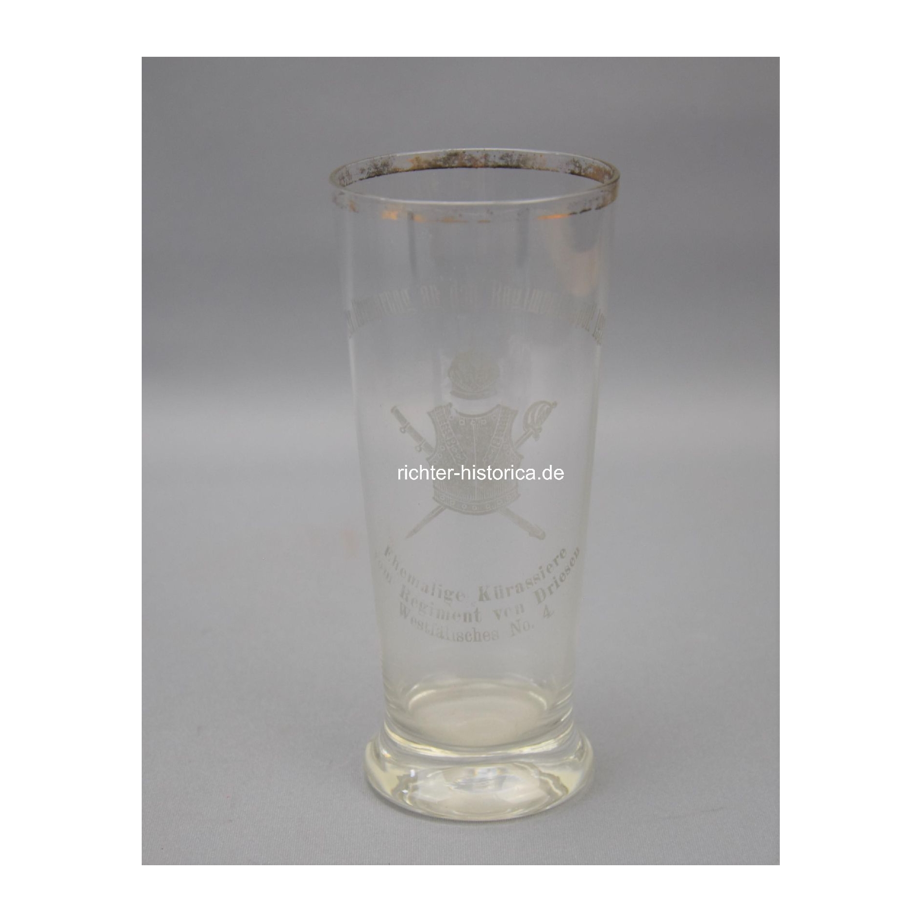 Patriotisches Glas mit Aufschrift "Zur Erinnerung an den Regimentsappell 1912" Kürassier Regiment v. Driesen West. No4