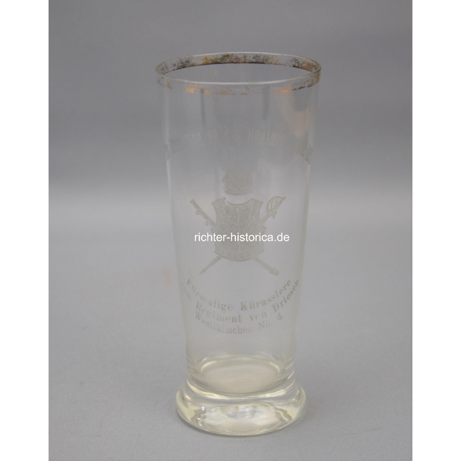 Patriotisches Glas mit Aufschrift "Zur Erinnerung an den Regimentsappell 1912" Kürassier Regiment v. Driesen West. No4