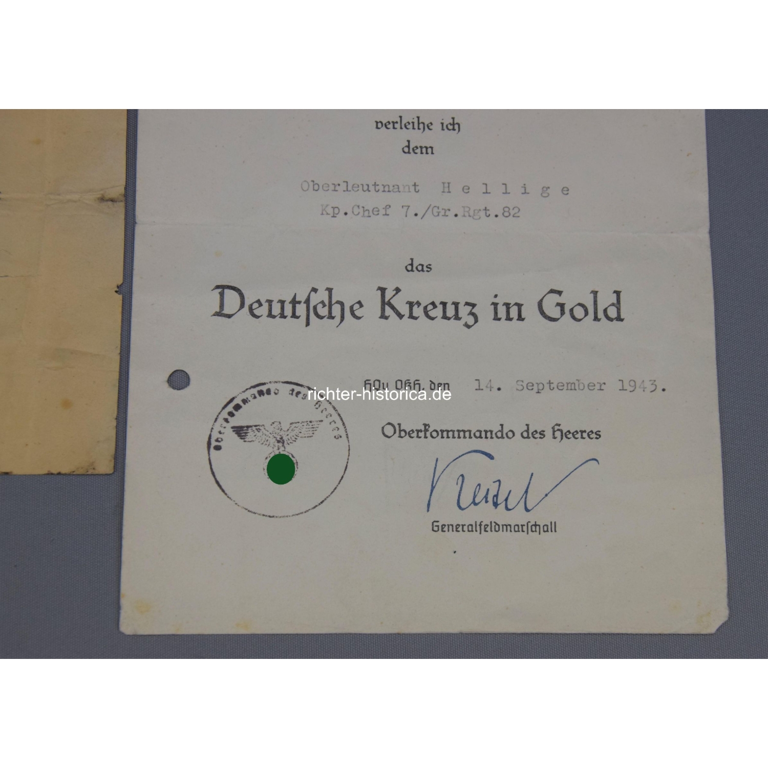 Nachlass Deutsches Kreuz in Gold Hauptmann Gerhard Hellinge, 7./Gr.Rgt.82