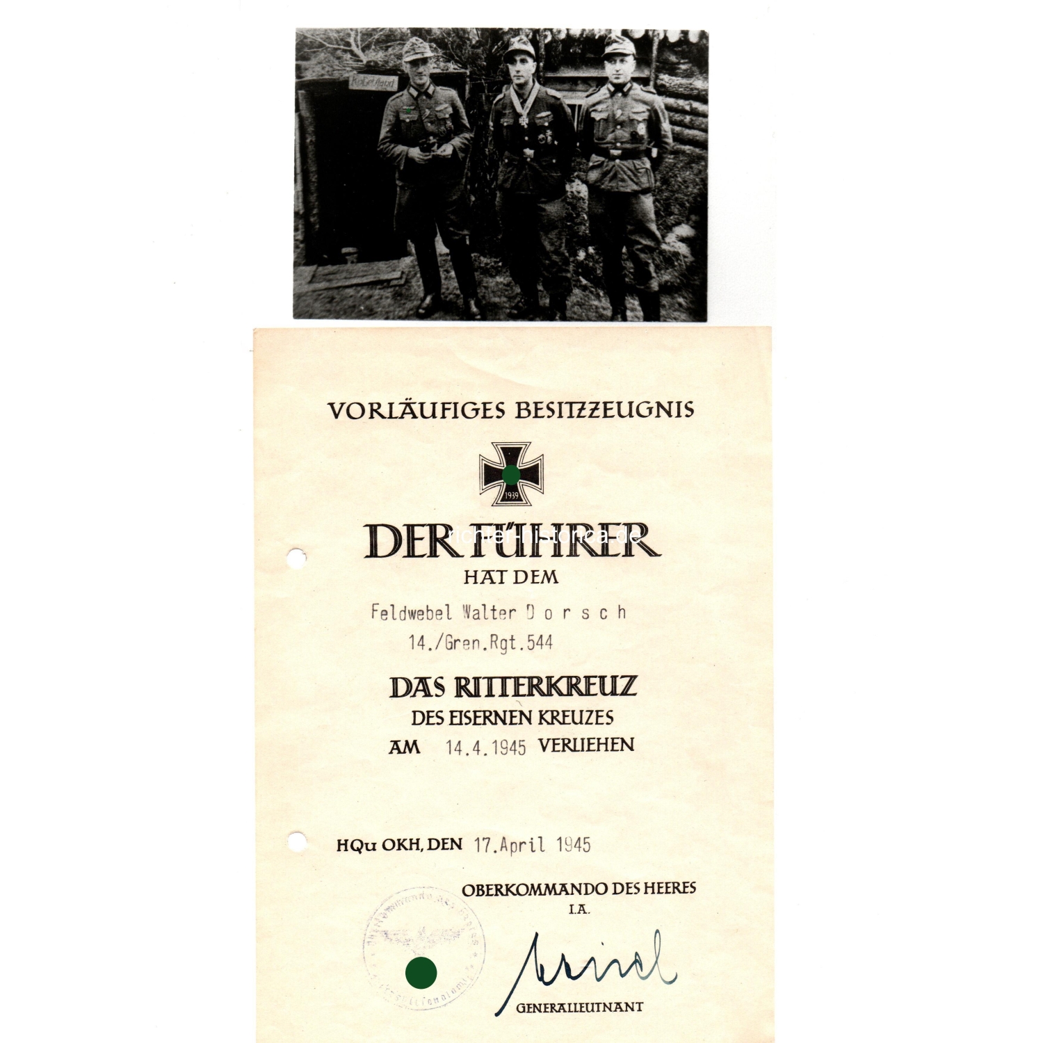 Vorläufiges Besitzzeugnis Ritterkreuz des Eisernen Kreuzes, Walter Dorsch