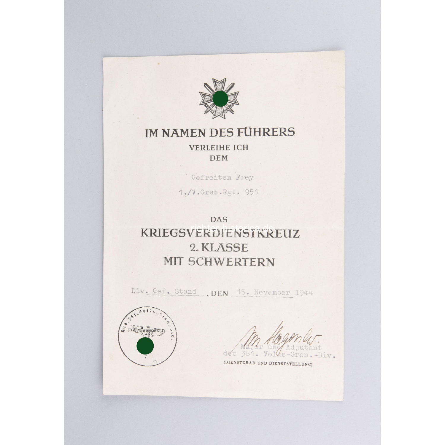 Nachlass Gefreiter Frey im 1./V.Gren.Rgt. 951 