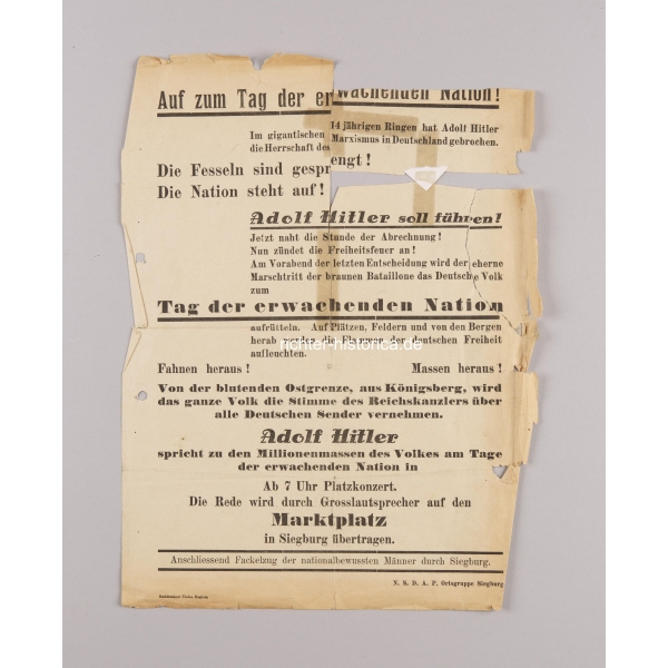 Siegburg original Plakat "Auf zum Tag der erwachenden Nation"