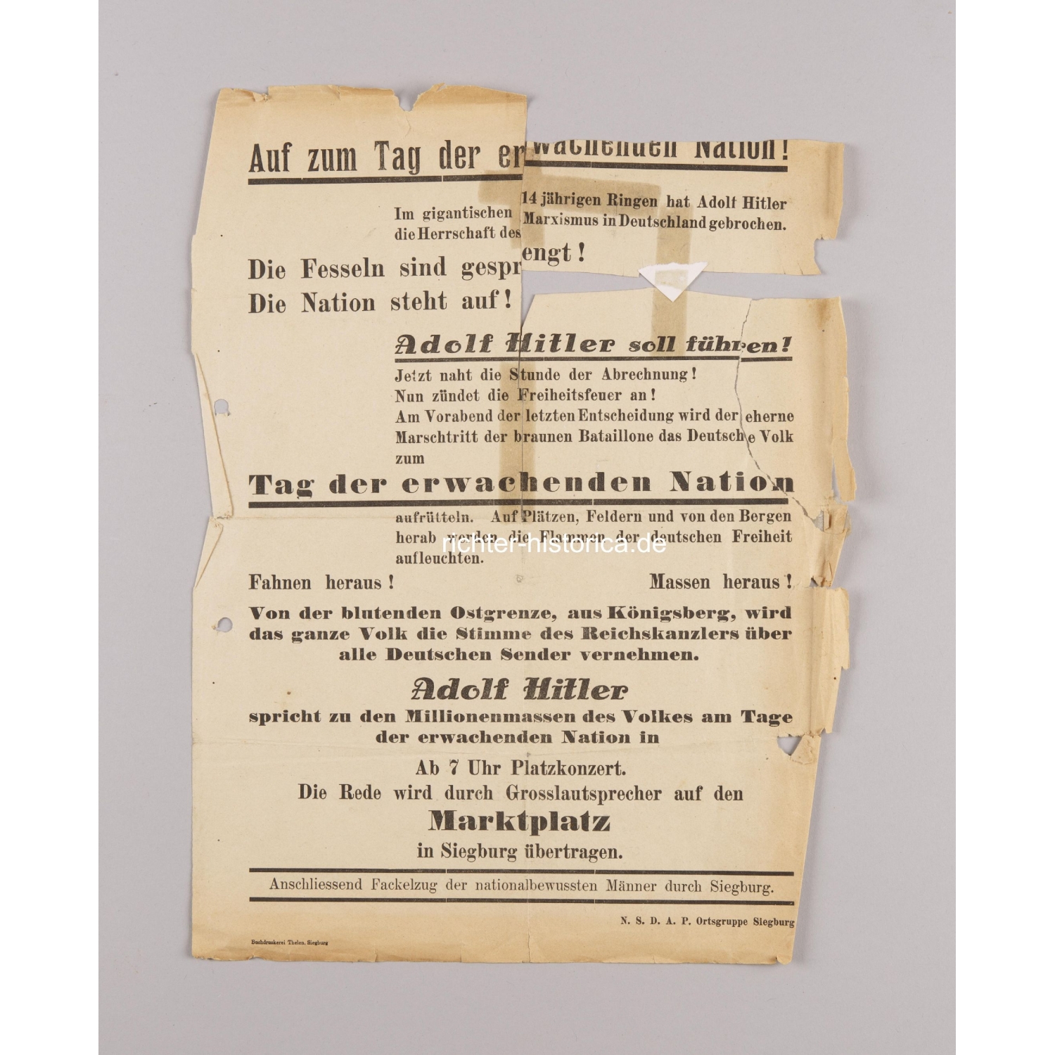 Siegburg original Plakat "Auf zum Tag der erwachenden Nation"