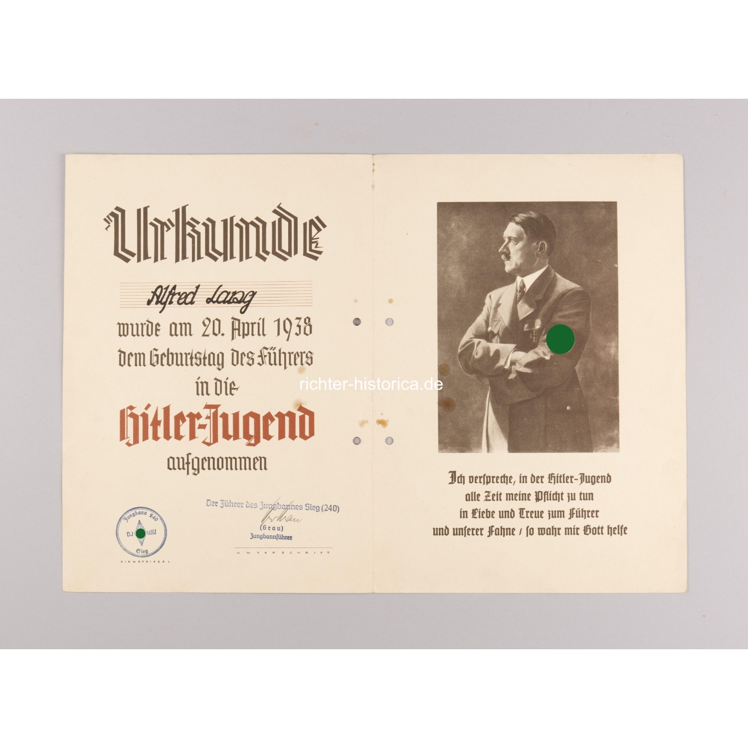 Urkunde "Aufnahme in die HJ" 1938 Jungbann 240 Sieg