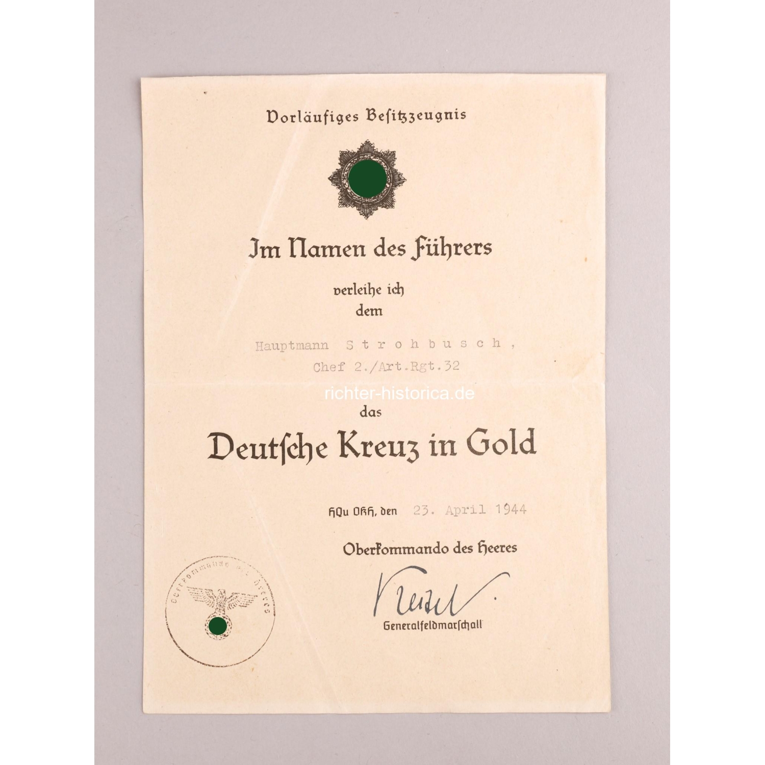 Nachlass Deutsches Kreuz in Gold Major Fritz Strohbusch