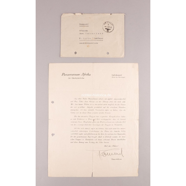 Generalfeldmarschall Erwin Rommel Feldpost Schreiben nach Telgte mit Unterschrift 1942