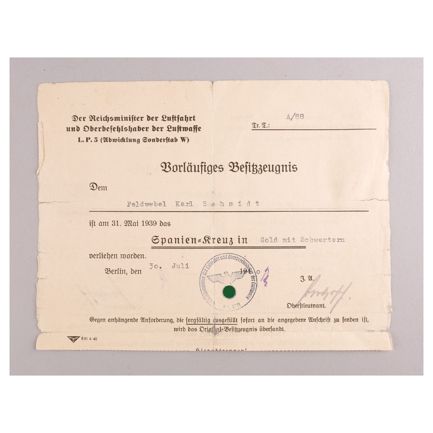 Vorläufiges Besitzzeugnis für das Spanienkreuz in Gold mit Schwertern 1940