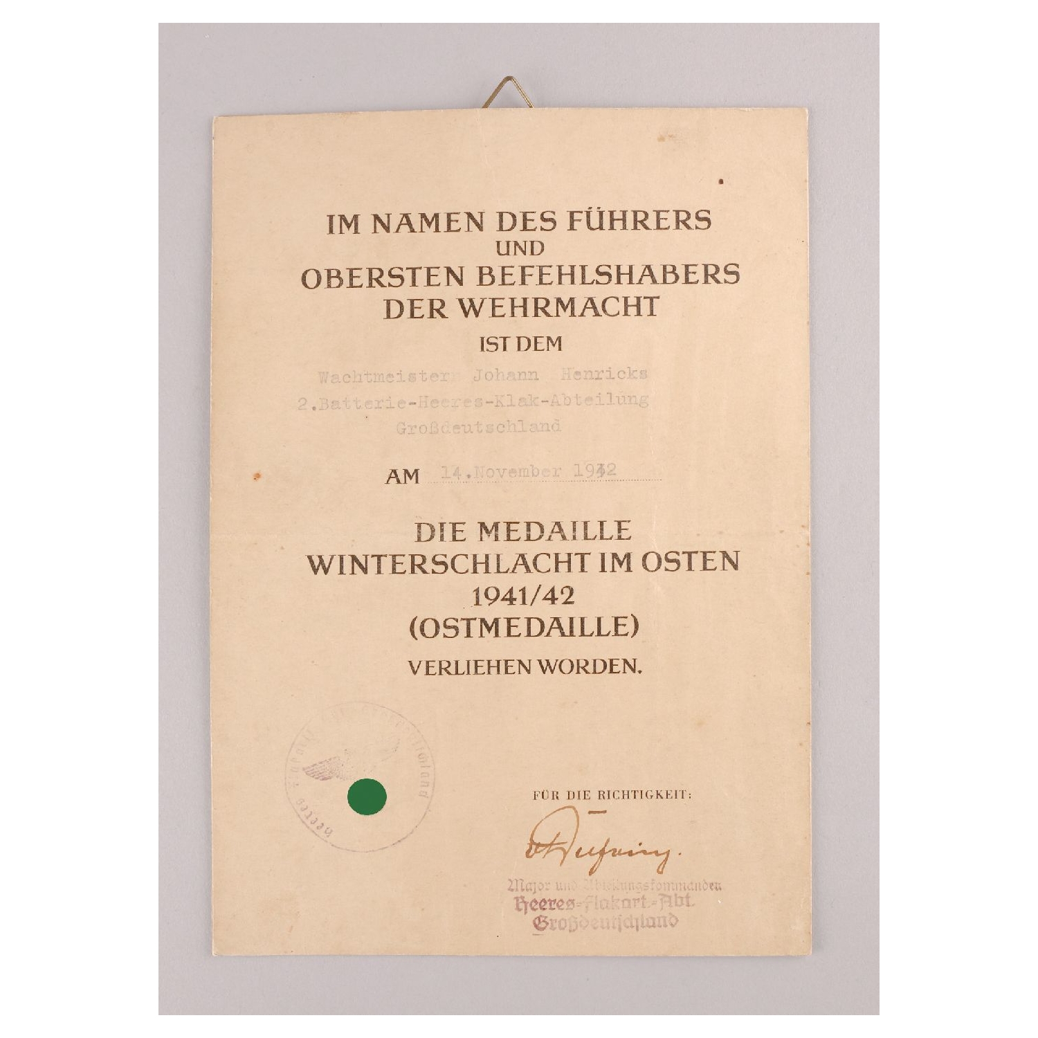 Nachlass Urkunden mit Orden der 2.Batterie-Heeres-Flak-Abt. "Großdeutschland"