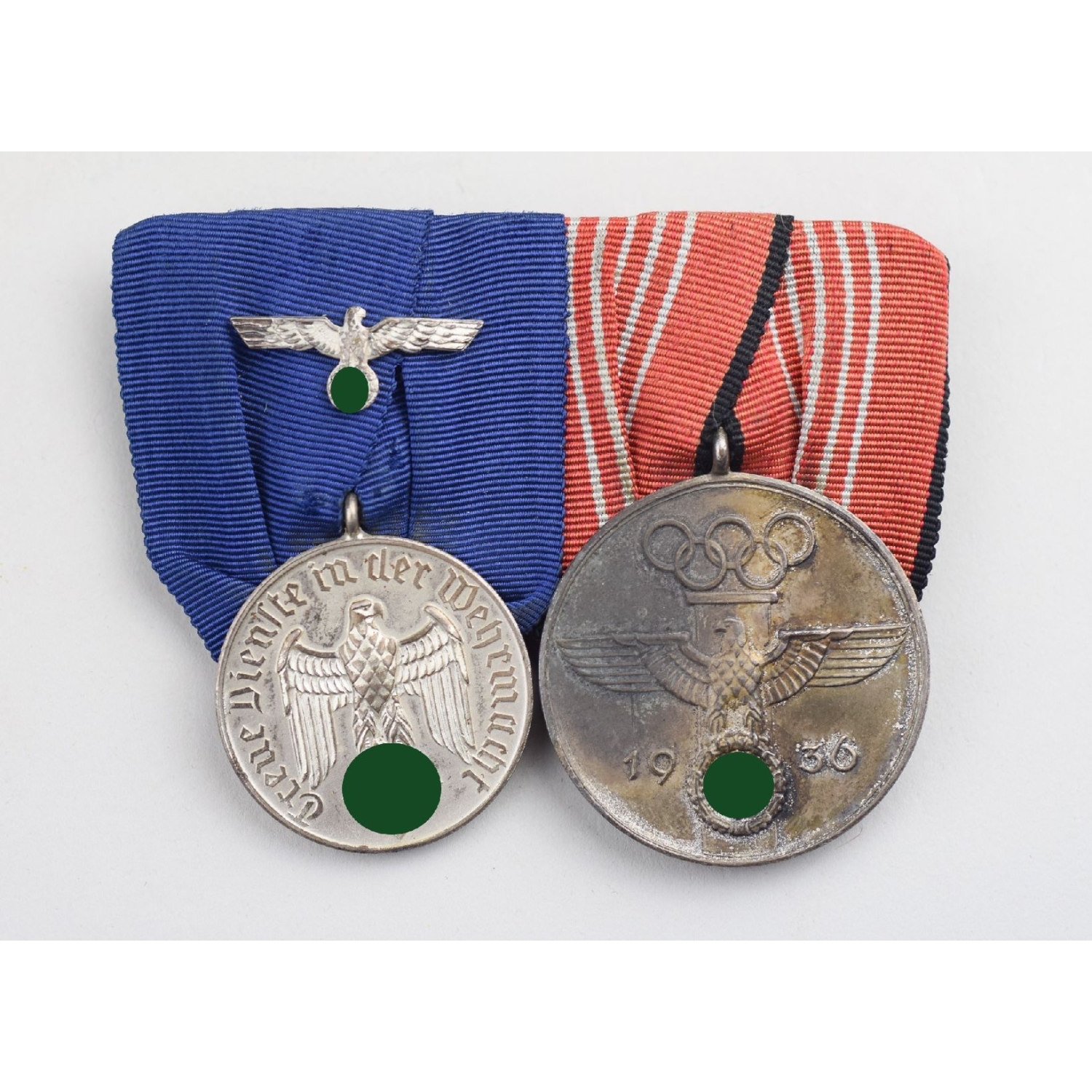 2er Ordensspange Wehrmacht Dienstauszeichnung 4 Jahre, Olympia 1936 Medaille