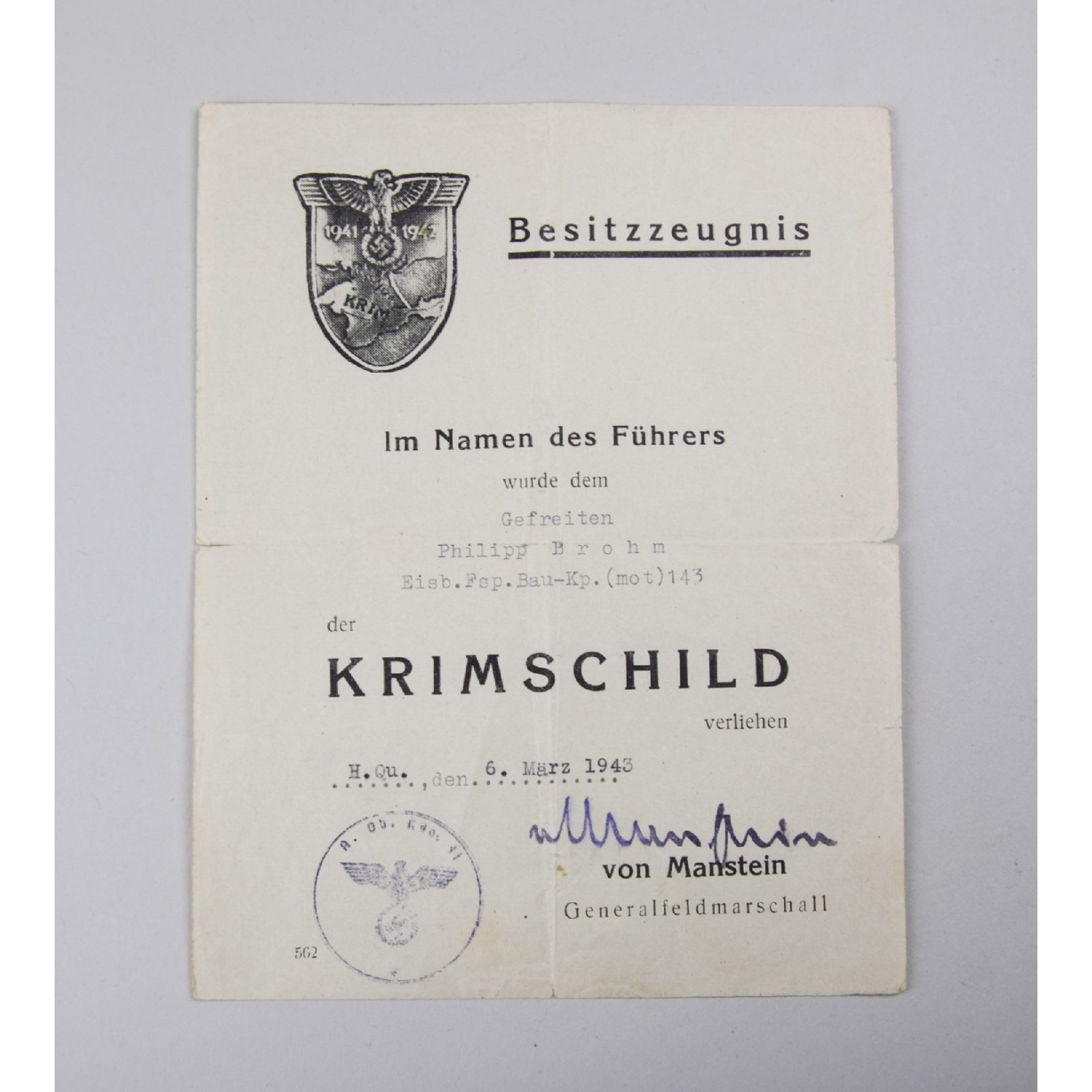 Wehrmacht Nachlass eines Obergefreiten mit Krim Schild