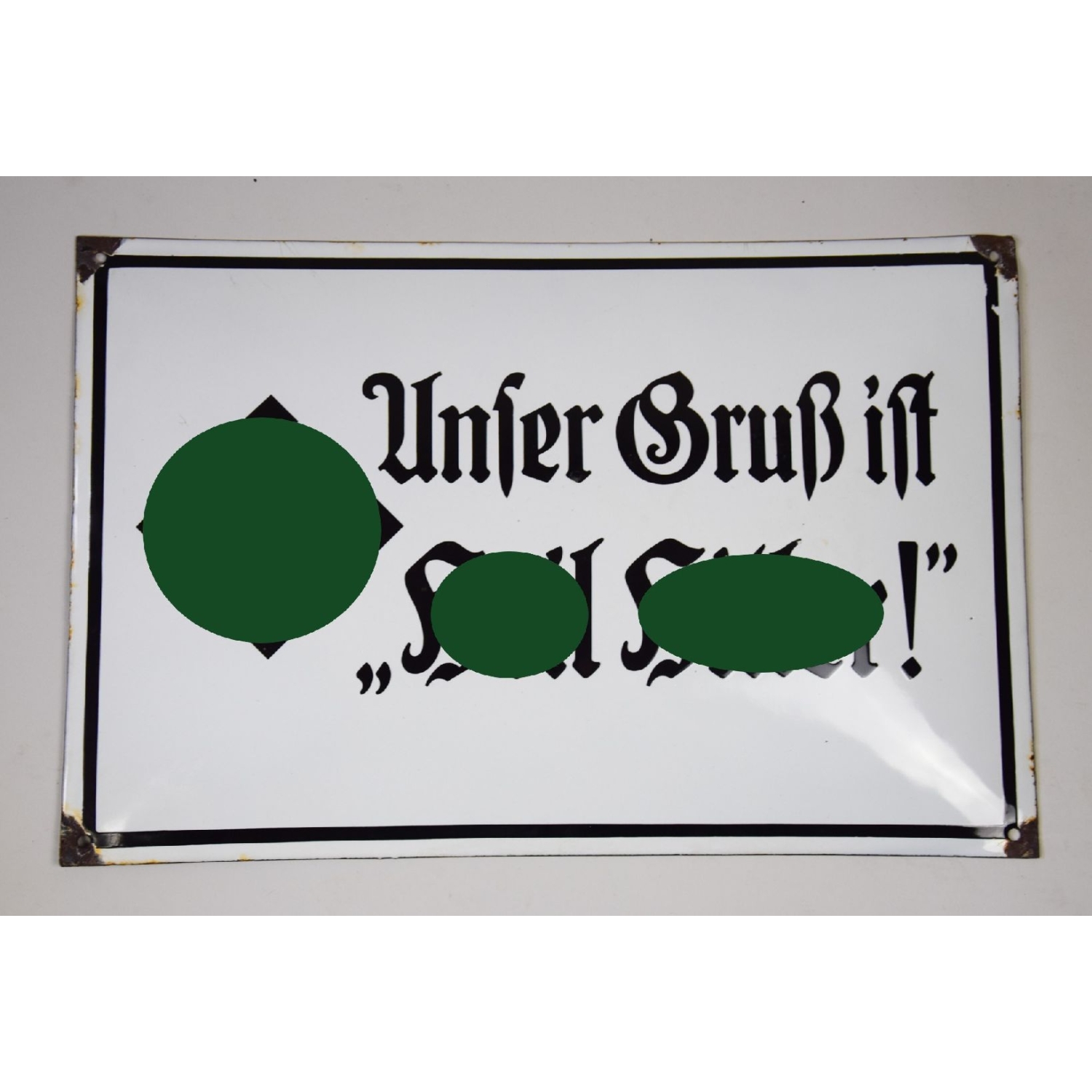 3.Reich Emailleschild "Unser Gruß ist Heil H." Zustand 1-