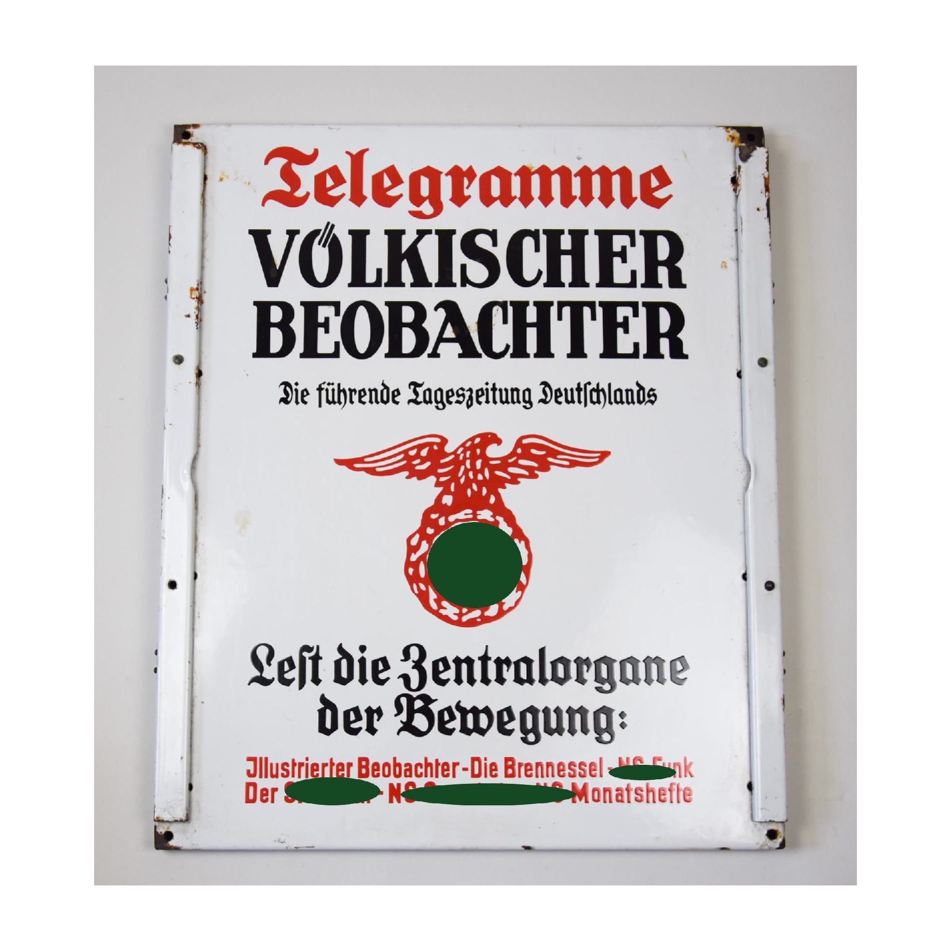 3.Reich frühes Emailleschild Telegramme Völkischer Beobachter