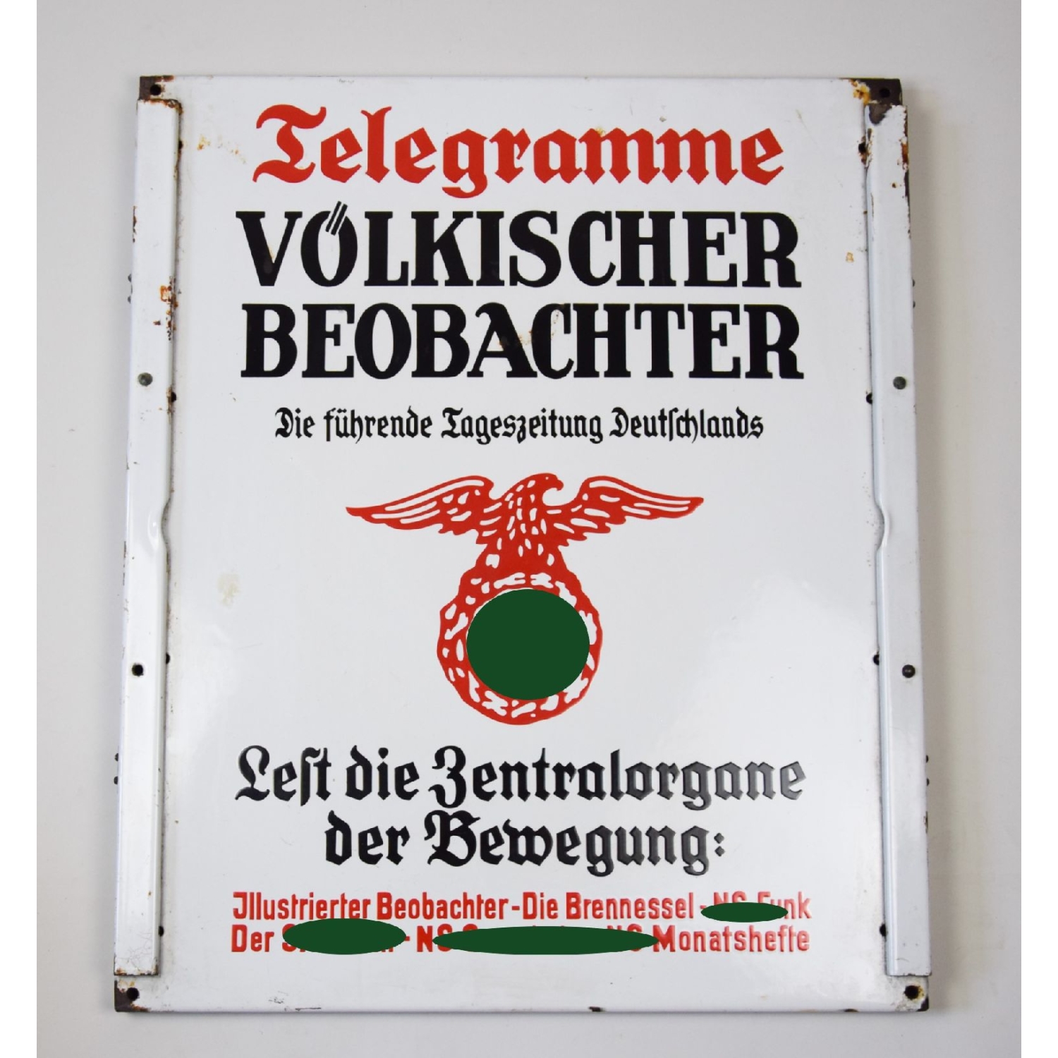 3.Reich frühes Emailleschild Telegramme Völkischer Beobachter