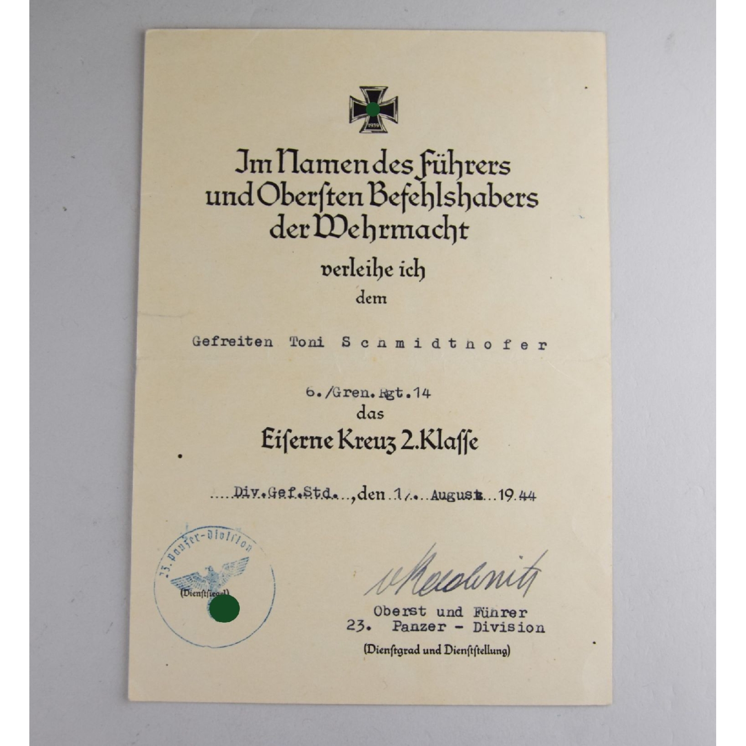 Nachlass eines Gefreiten der Wehrmacht mit EK2 Urkunde und Sterbebild 6./Gren. Rgt. 14